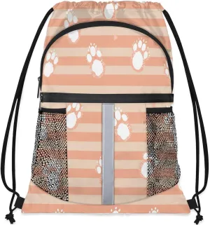 Dog Paws Drawstring Backpack with Water Bottle Pocket Lightweight String Bag Cat Pet Paw Animal Sports Gym Swim Sackpack for Men Women