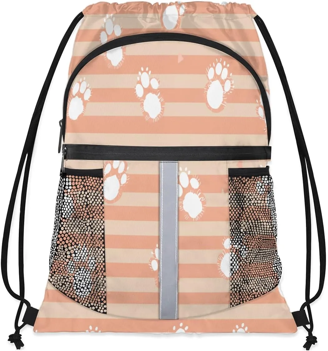 Dog Paws Drawstring Backpack with Water Bottle Pocket Lightweight String Bag Cat Pet Paw Animal Sports Gym Swim Sackpack for Men Women