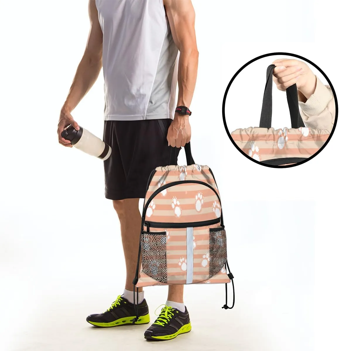 Dog Paws Drawstring Backpack with Water Bottle Pocket Lightweight String Bag Cat Pet Paw Animal Sports Gym Swim Sackpack for Men Women