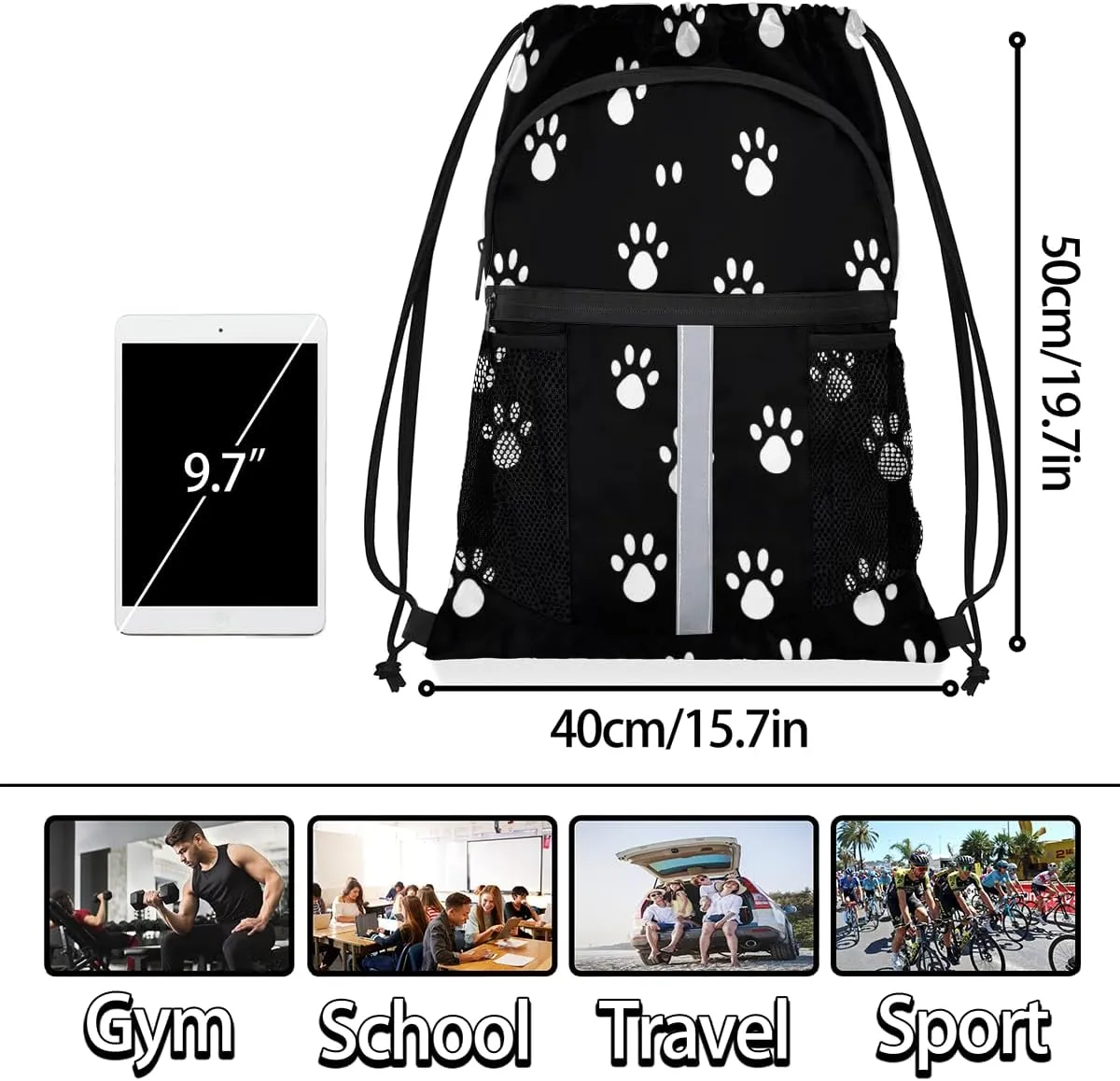 Dog Paws Print Drawstring Backpack with Water Bottle Pocket Lightweight String Bag Paws Print Sports Gym Swim Sackpack for Men Women