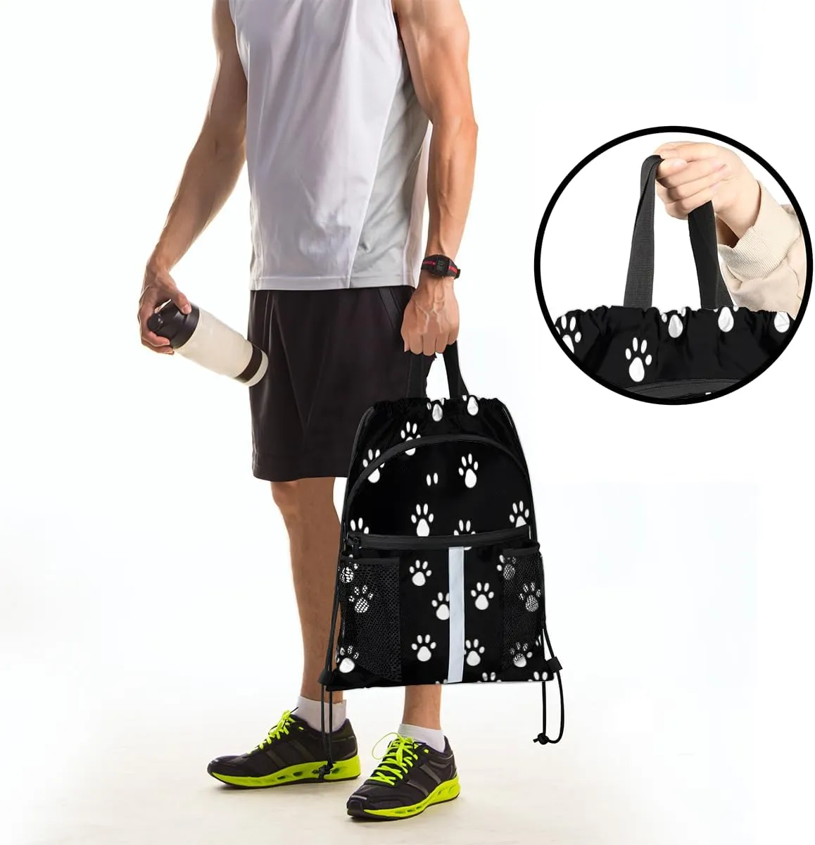 Dog Paws Print Drawstring Backpack with Water Bottle Pocket Lightweight String Bag Paws Print Sports Gym Swim Sackpack for Men Women