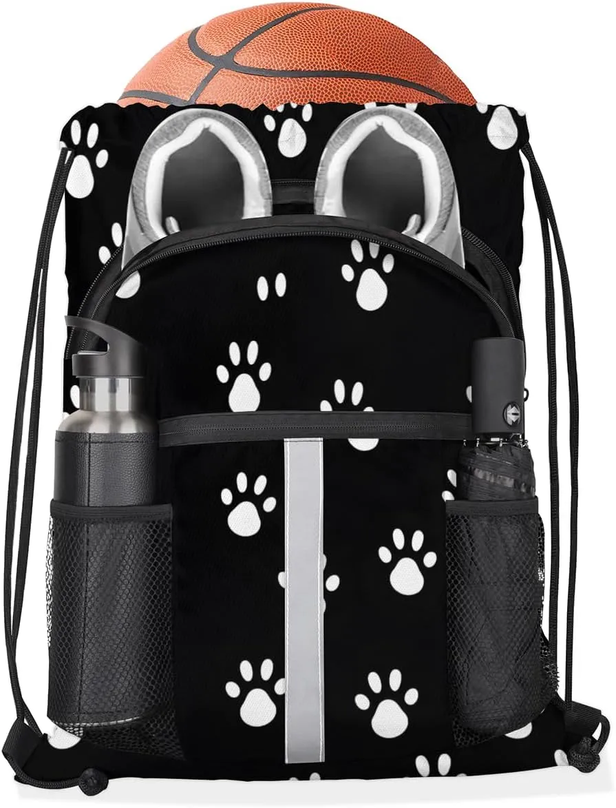 Dog Paws Print Drawstring Backpack with Water Bottle Pocket Lightweight String Bag Paws Print Sports Gym Swim Sackpack for Men Women
