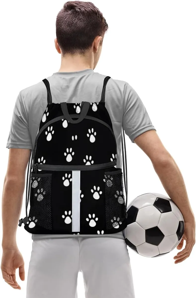 Dog Paws Print Drawstring Backpack with Water Bottle Pocket Lightweight String Bag Paws Print Sports Gym Swim Sackpack for Men Women
