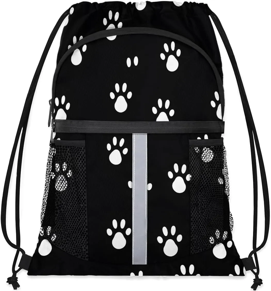 Dog Paws Print Drawstring Backpack with Water Bottle Pocket Lightweight String Bag Paws Print Sports Gym Swim Sackpack for Men Women