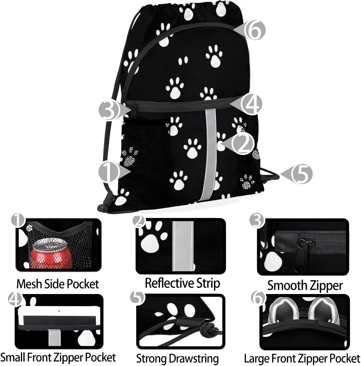 Dog Paws Print Drawstring Backpack with Water Bottle Pocket Lightweight String Bag Paws Print Sports Gym Swim Sackpack for Men Women