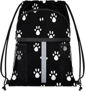 Dog Paws Print Drawstring Backpack with Water Bottle Pocket Lightweight String Bag Paws Print Sports Gym Swim Sackpack for Men Women