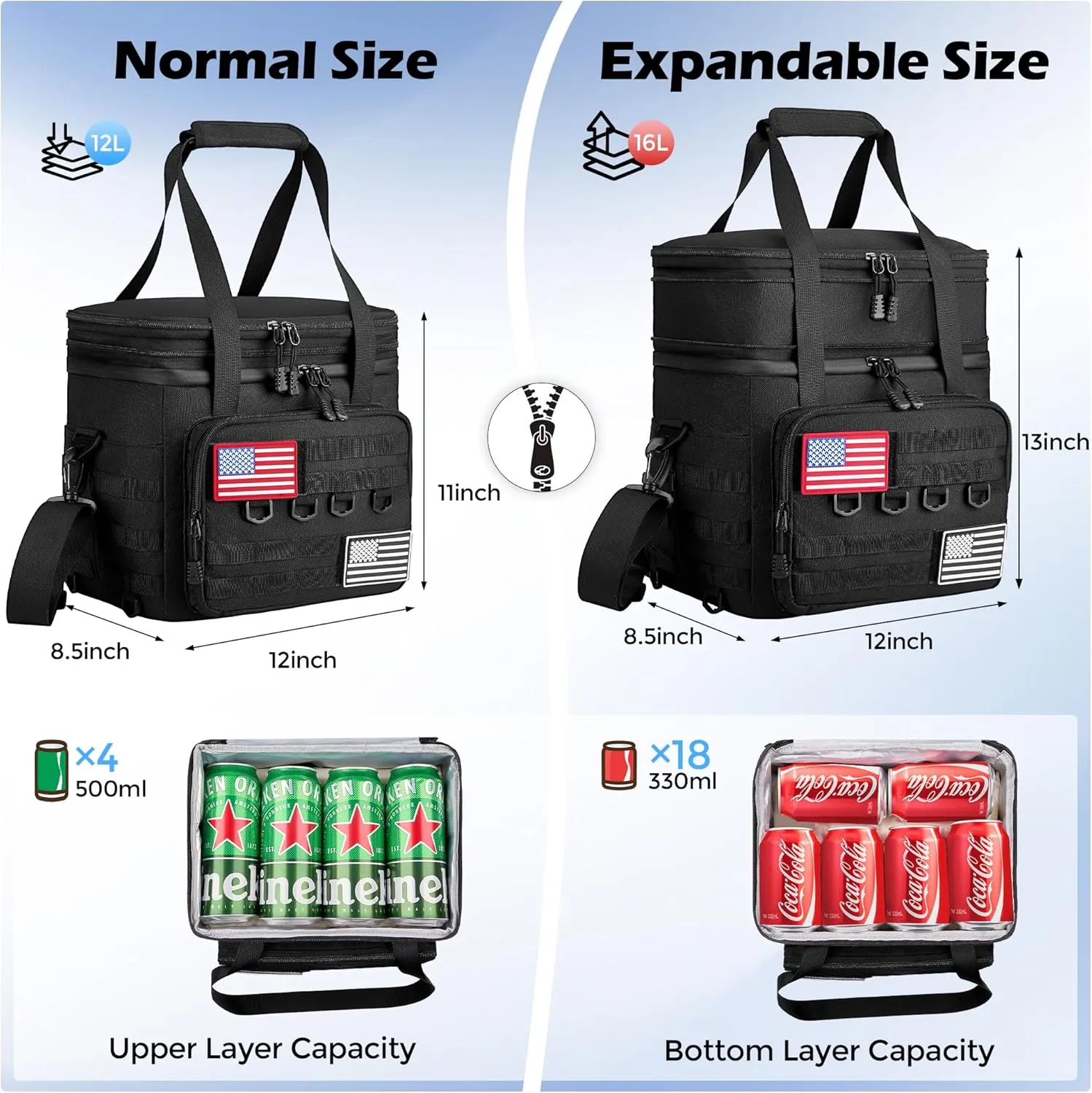 DOLOPL Lunch Box for Men, Black Insulated Expandable Lunch Bag for Men/Women, 16L Large Tactical Leakproof Waterproof Cooler Lunch Bag With Adjustable Shoulder Strap for Outdoor, Picnic, Office