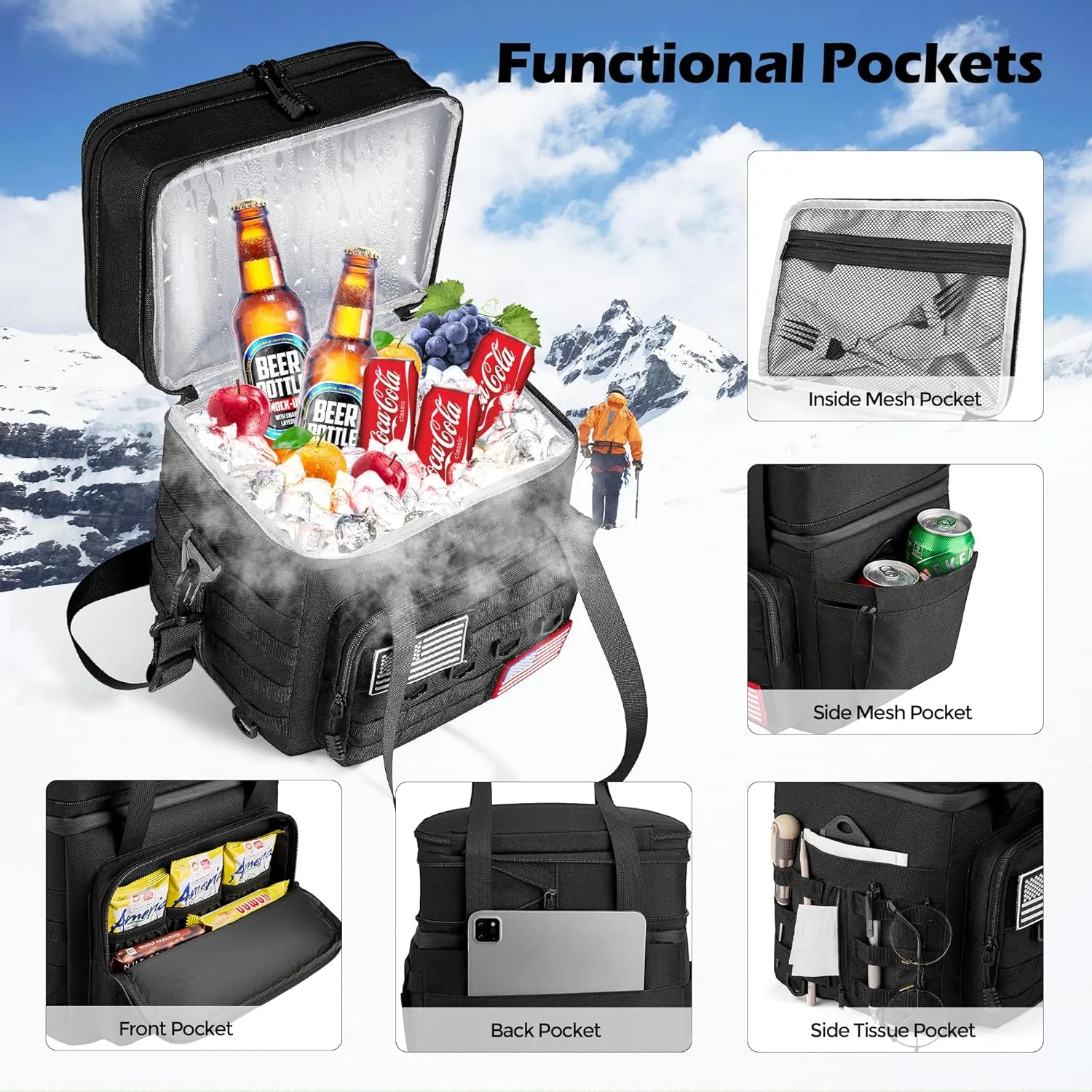 DOLOPL Lunch Box for Men, Black Insulated Expandable Lunch Bag for Men/Women, 16L Large Tactical Leakproof Waterproof Cooler Lunch Bag With Adjustable Shoulder Strap for Outdoor, Picnic, Office
