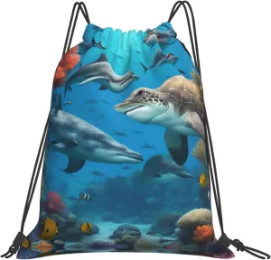 Dolphins Sea Turtle Shark Octopus Coral Reef print Casual drawstring backpack, lightweight and portable, fit for daily, sports and travel