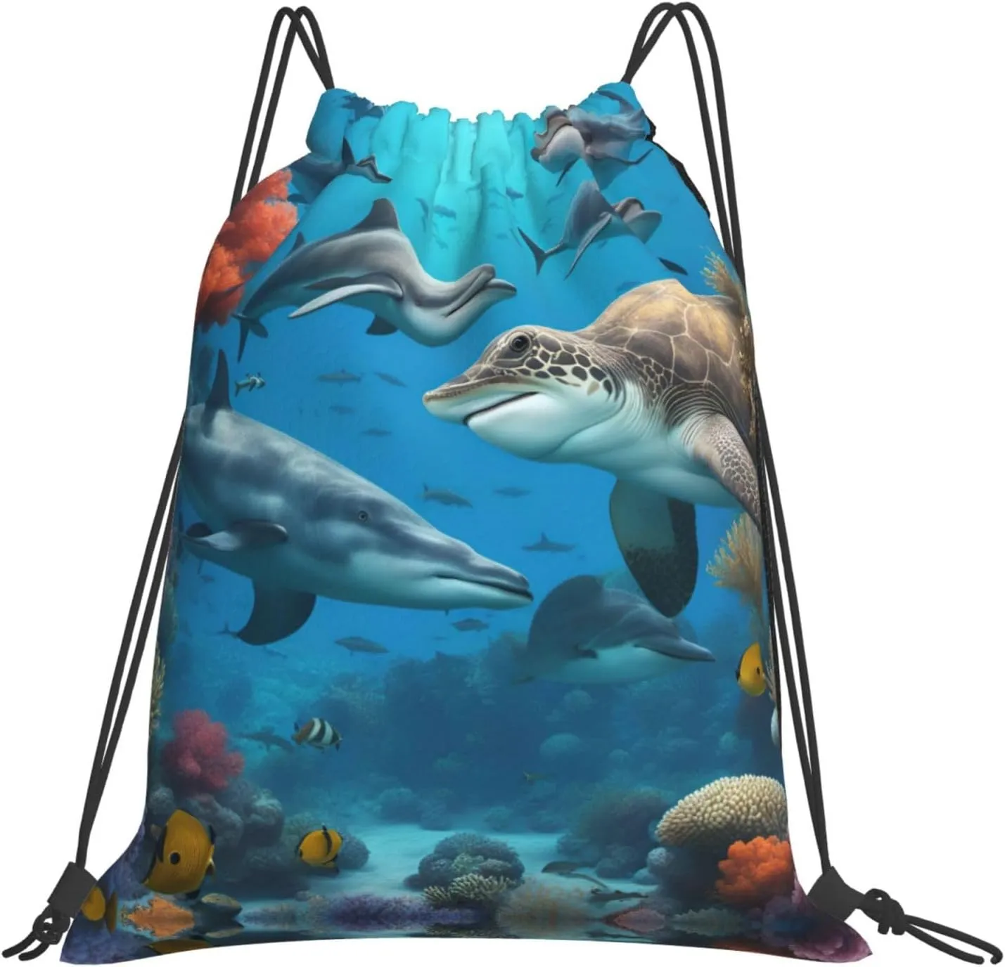Dolphins Sea Turtle Shark Octopus Coral Reef print Casual drawstring backpack, lightweight and portable, fit for daily, sports and travel