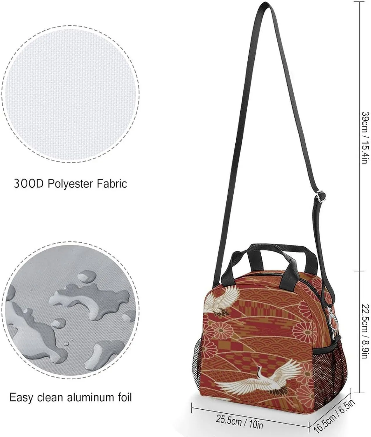 Donnapink Reusable Cooler Insulated Lunch Bag, Removable Strap Tote Handbag Thermal Reusable Box with Two Mesh Pockets 10x9x6.5 in Print Traditional Waves Two White Cranes Chrysanthemum Flowers
