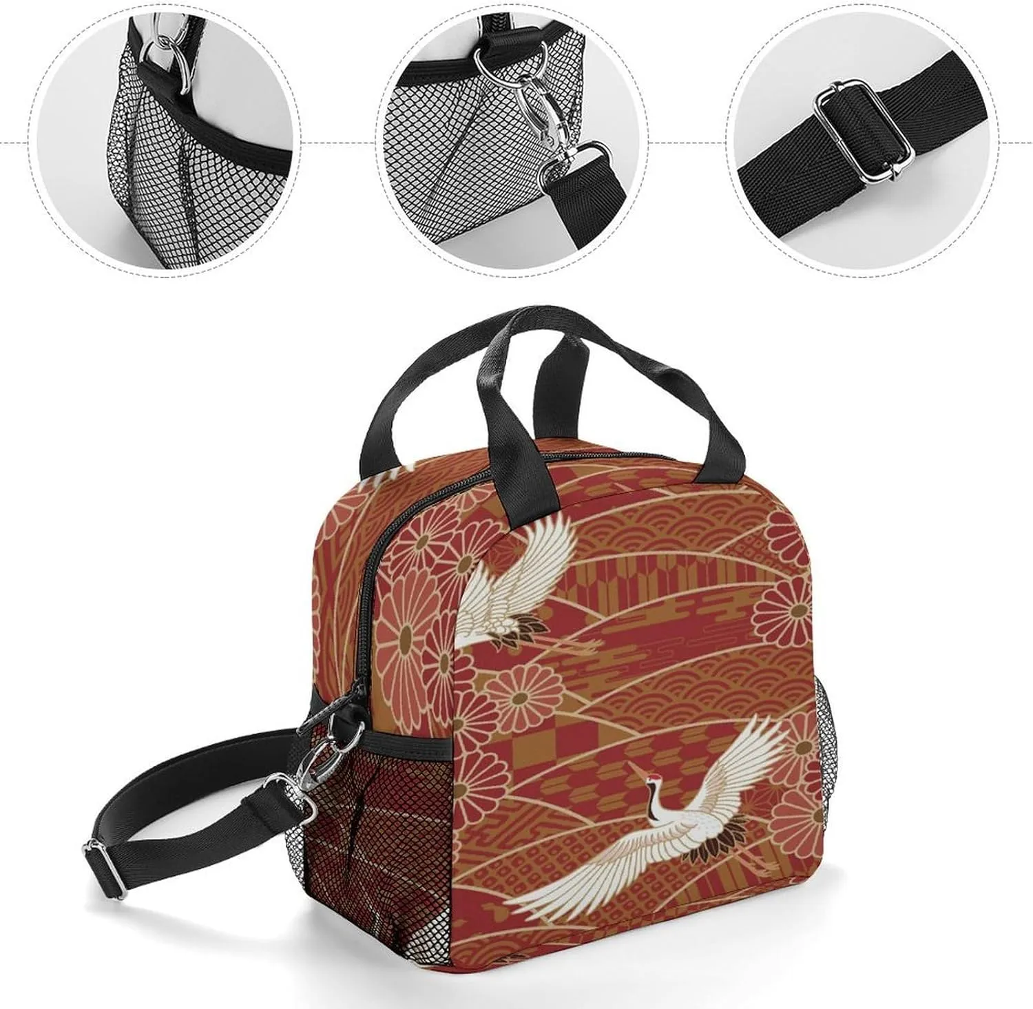Donnapink Reusable Cooler Insulated Lunch Bag, Removable Strap Tote Handbag Thermal Reusable Box with Two Mesh Pockets 10x9x6.5 in Print Traditional Waves Two White Cranes Chrysanthemum Flowers