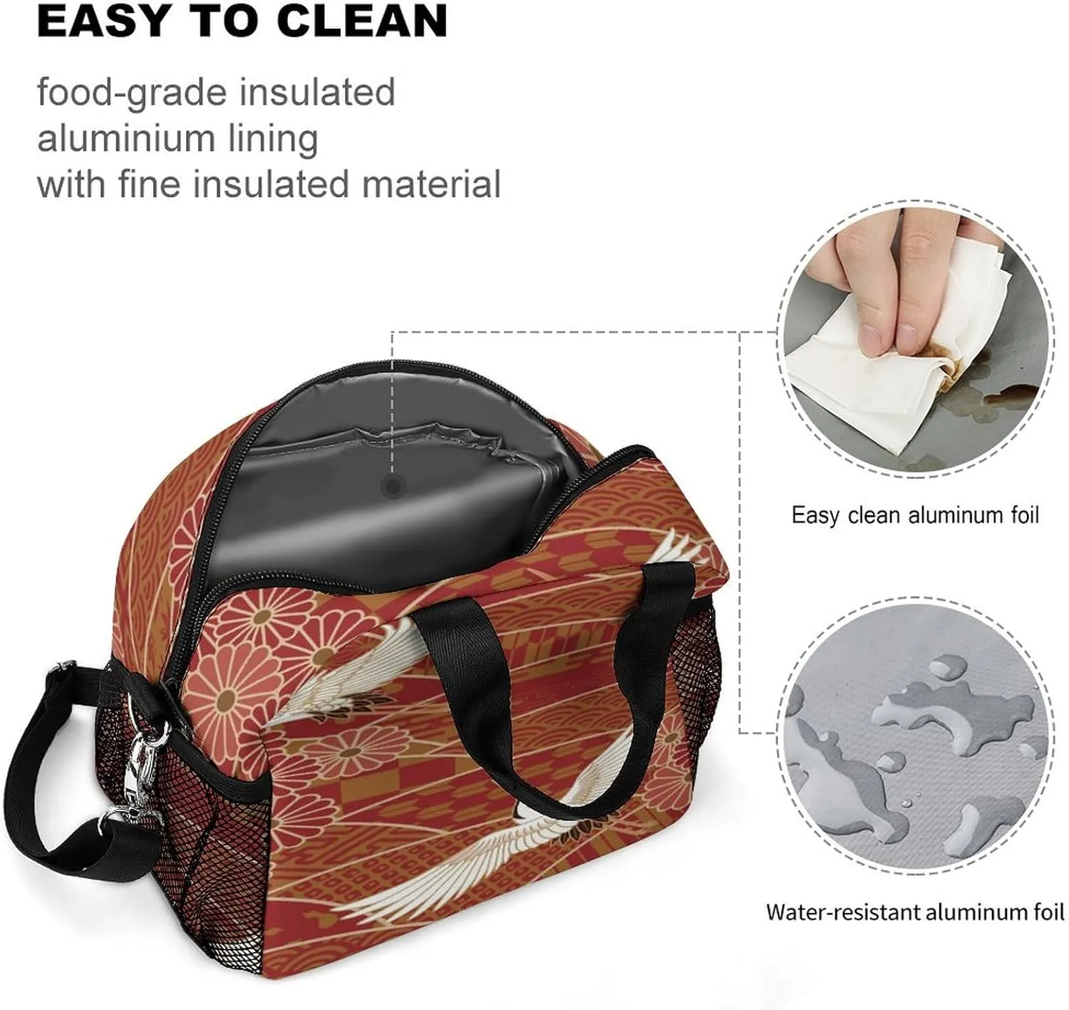 Donnapink Reusable Cooler Insulated Lunch Bag, Removable Strap Tote Handbag Thermal Reusable Box with Two Mesh Pockets 10x9x6.5 in Print Traditional Waves Two White Cranes Chrysanthemum Flowers