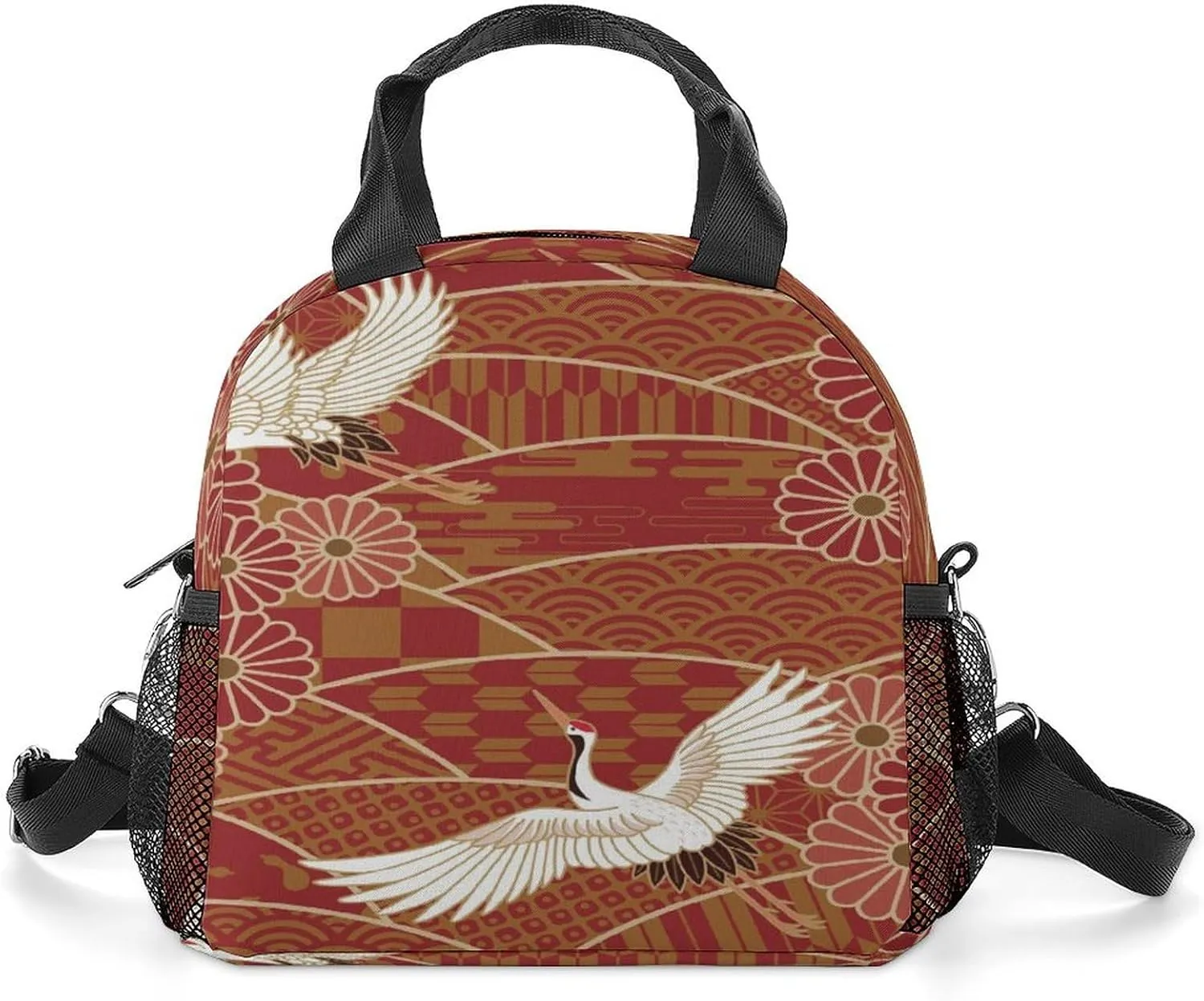 Donnapink Reusable Cooler Insulated Lunch Bag, Removable Strap Tote Handbag Thermal Reusable Box with Two Mesh Pockets 10x9x6.5 in Print Traditional Waves Two White Cranes Chrysanthemum Flowers