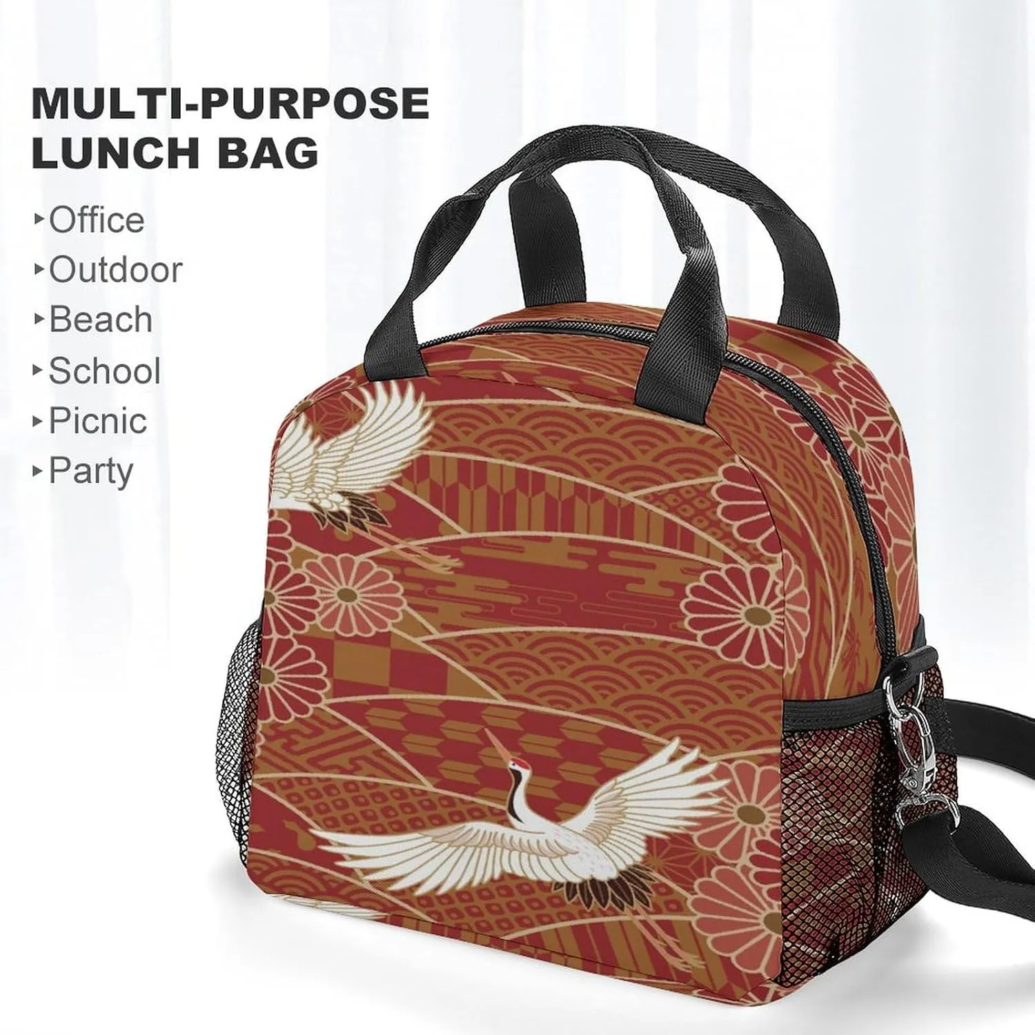 Donnapink Reusable Cooler Insulated Lunch Bag, Removable Strap Tote Handbag Thermal Reusable Box with Two Mesh Pockets 10x9x6.5 in Print Traditional Waves Two White Cranes Chrysanthemum Flowers
