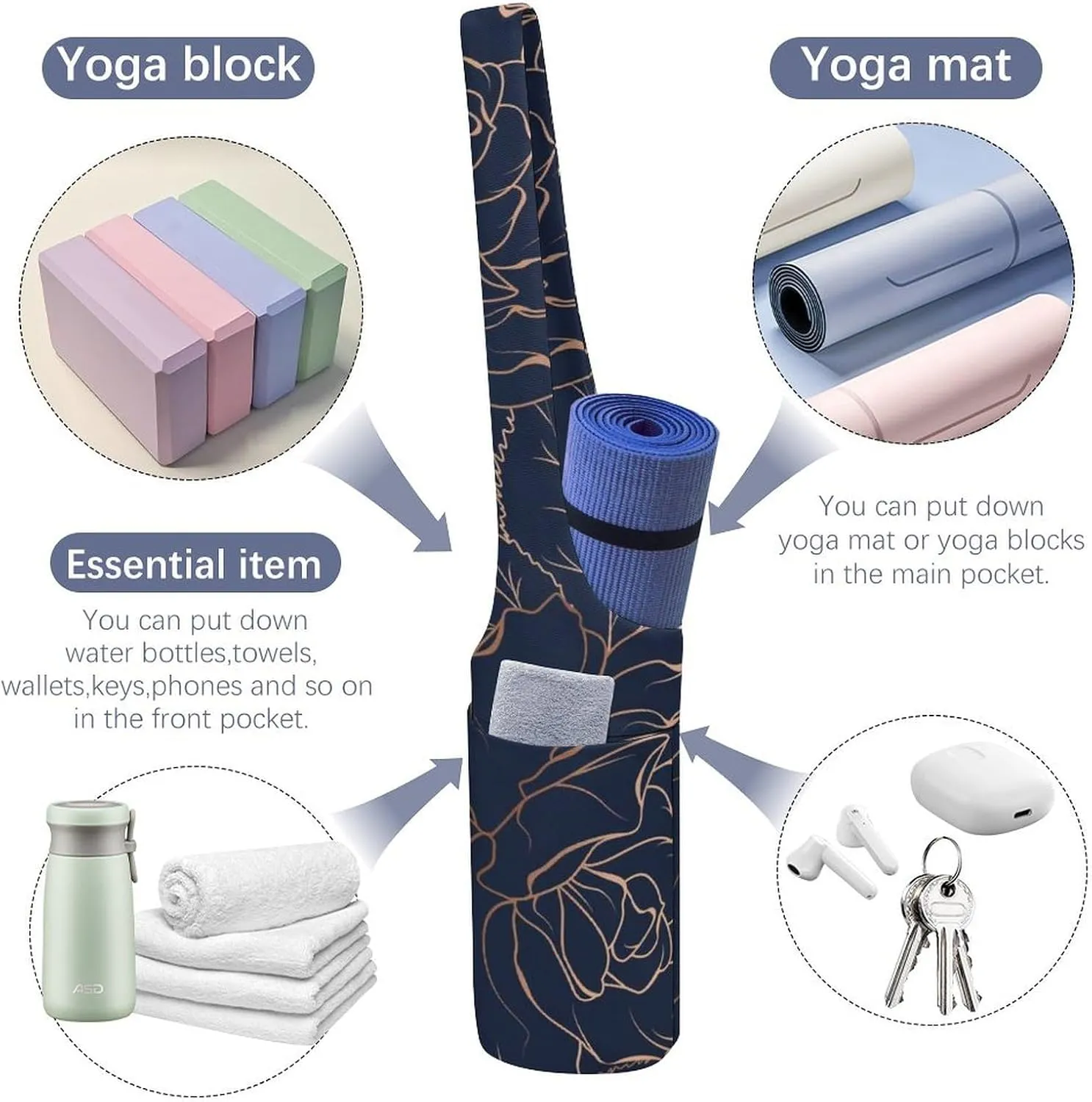 Donnapink Yoga Mat Bag, Canvas Storage Bag with Pocket Shoulder Strap, Fashion Mat Bag