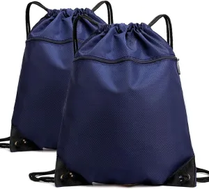 Drawstring Backpack Bag, Waterproof Draw String Back Sack with Zipper Pocket, Gym Drawstring Backpack Swimming Bag for Men Women, Pack of 2, Deep Blue