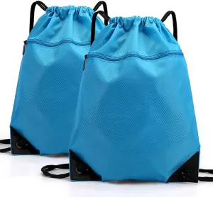Drawstring Backpack Bag, Waterproof Draw String Back Sack with Zipper Pocket, Gym Drawstring Backpack Swimming Bag for Men Women, Pack of 2, Light Blue