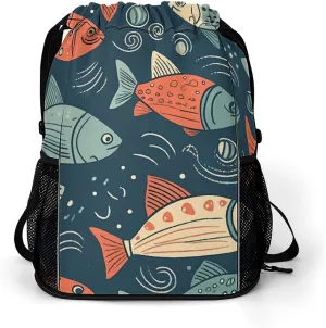 Drawstring Backpack for Men Women Multiple Pockets Sports Backpack Animation Style Fish Gym Bag for Travel Swim