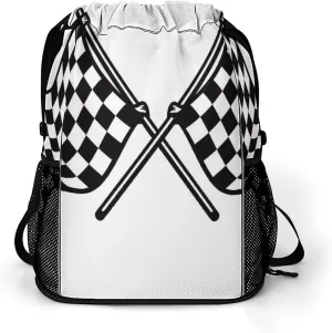 Drawstring Backpack for Men Women Multiple Pockets Sports Backpack Checkered Flags Race Flag Gym Bag for Travel Swim