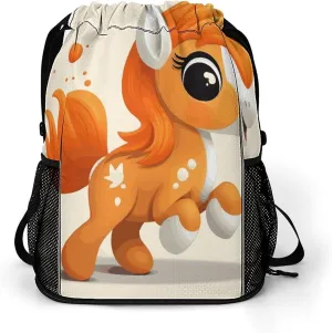 Drawstring Backpack for Men Women Multiple Pockets Sports Backpack Cute Orange Pony Gym Bag for Travel Swim