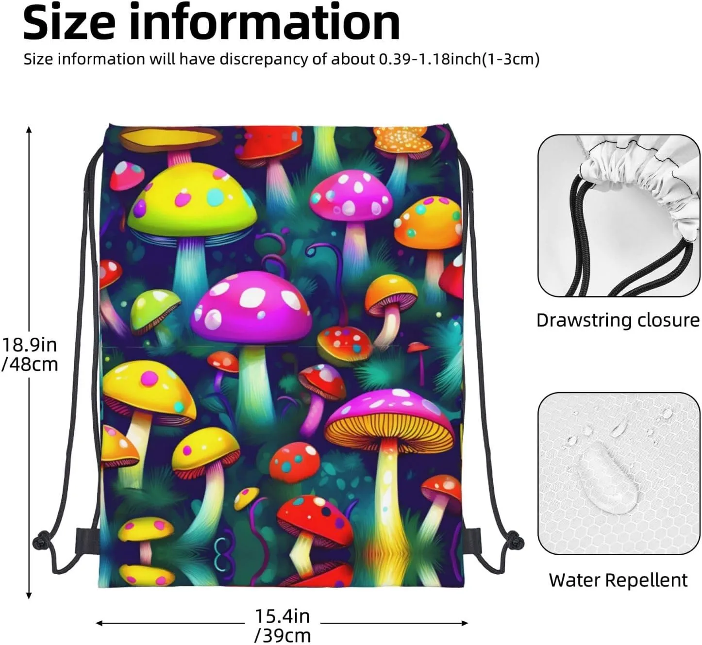 Drawstring Backpack for women,Versatile drawstring bag,Water-Resistant Cinch Bag,Gym sackpack-Bright Mushrooms Art
