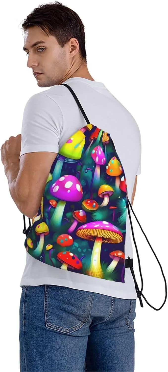 Drawstring Backpack for women,Versatile drawstring bag,Water-Resistant Cinch Bag,Gym sackpack-Bright Mushrooms Art