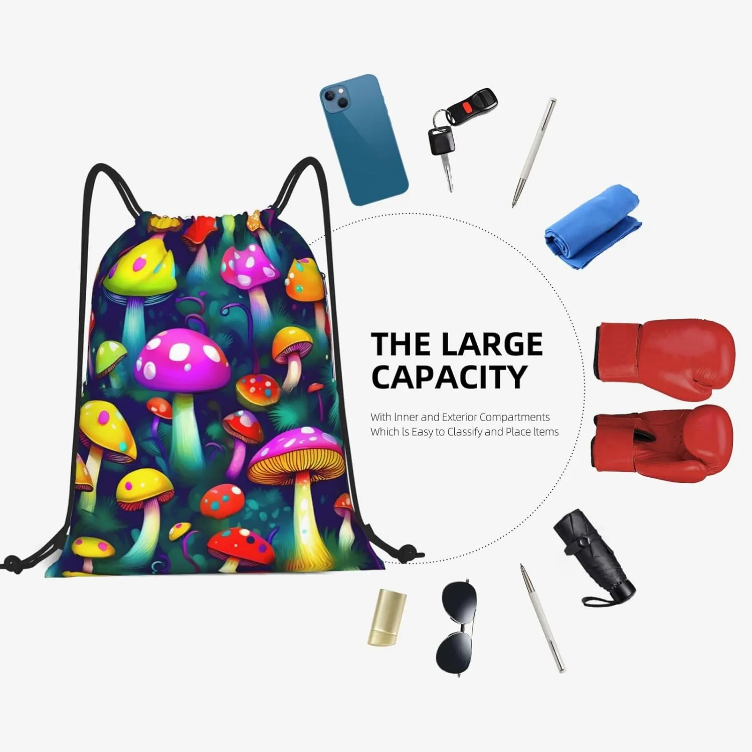 Drawstring Backpack for women,Versatile drawstring bag,Water-Resistant Cinch Bag,Gym sackpack-Bright Mushrooms Art