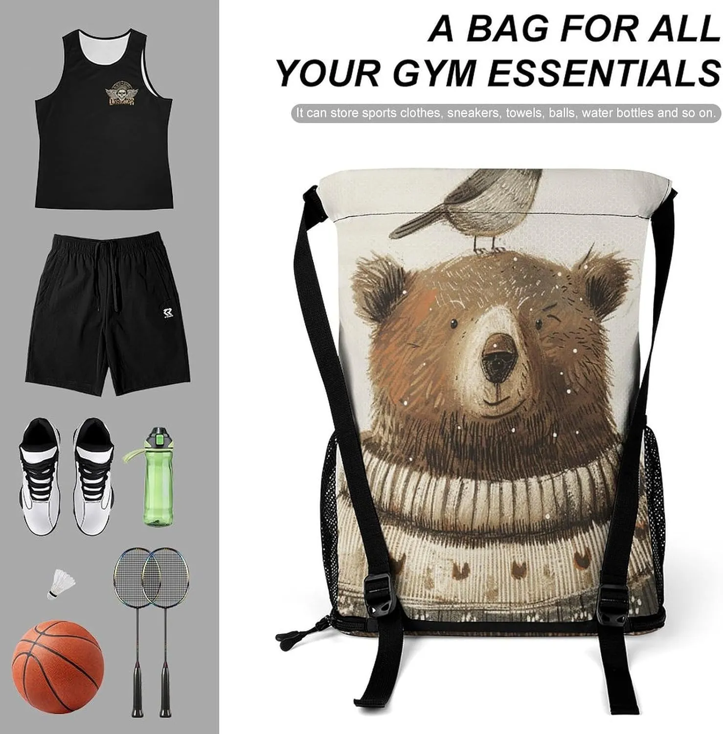 Drawstring Backpack Gym Drawstring Bag for Men Bear in Sweater Draw String Bags Gym Bag Cinch Bag