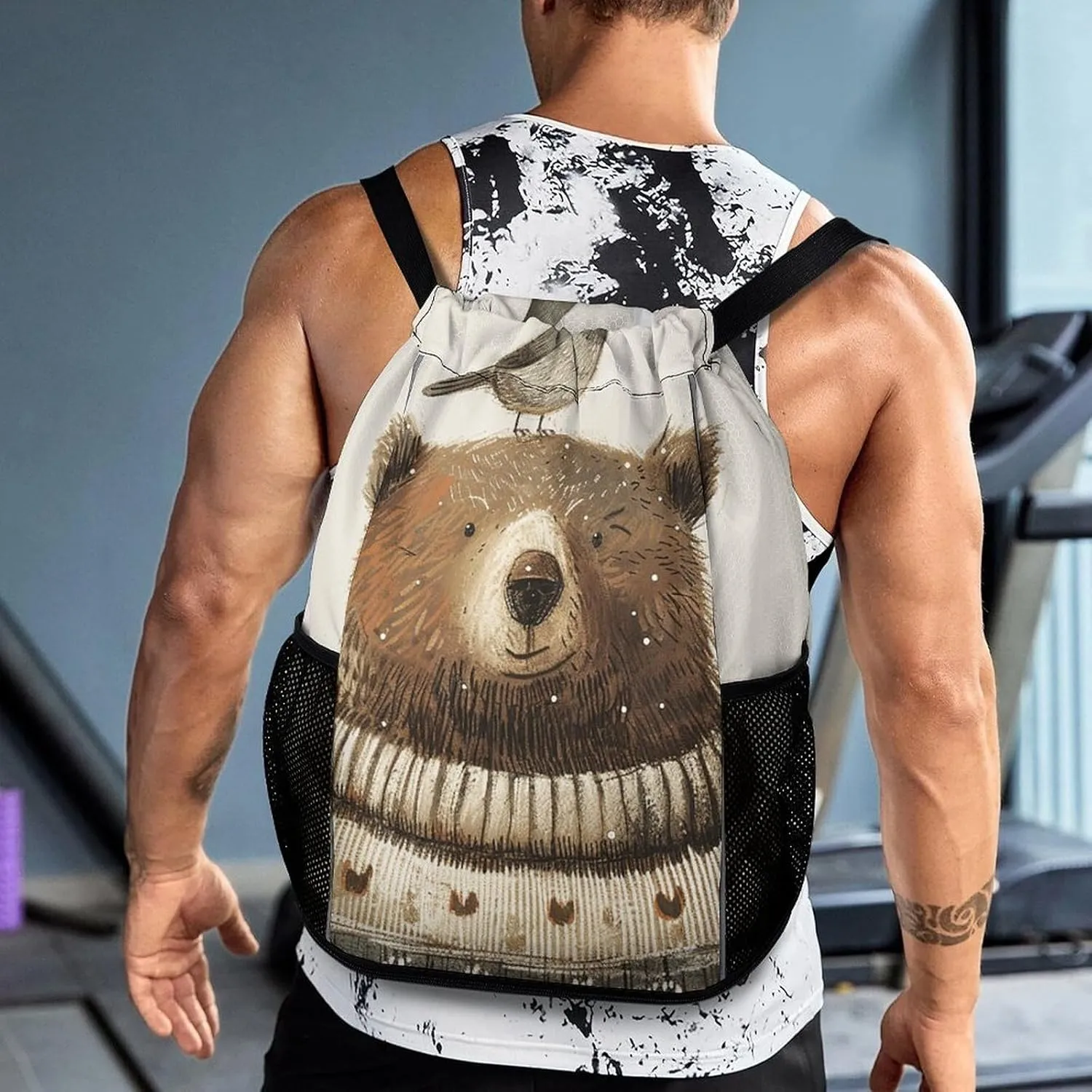 Drawstring Backpack Gym Drawstring Bag for Men Bear in Sweater Draw String Bags Gym Bag Cinch Bag