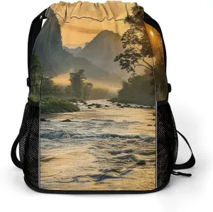 Drawstring Backpack Gym Drawstring Bag for Men The River Flows Slowly Draw String Bags Gym Bag Cinch Bag
