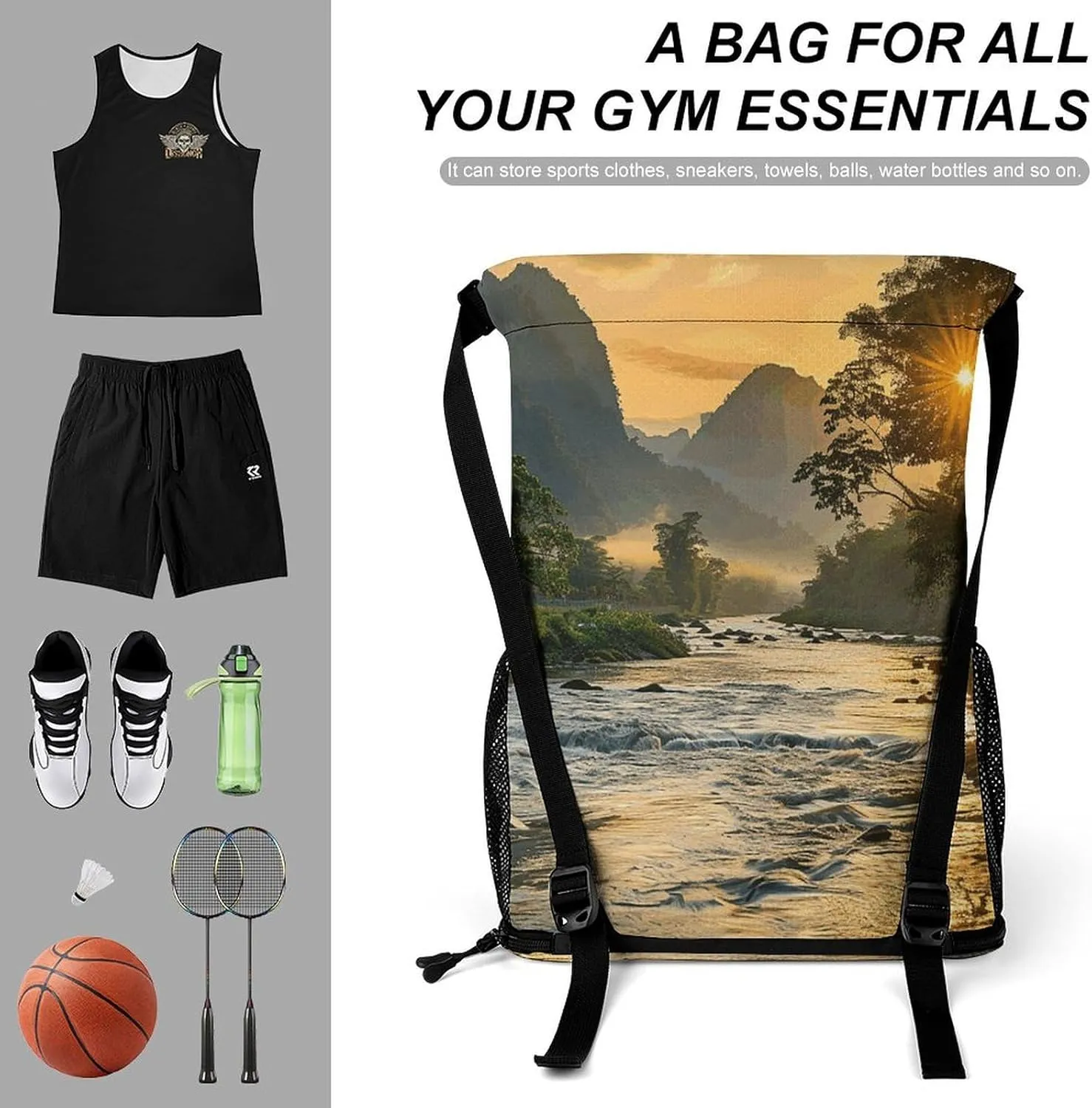 Drawstring Backpack Gym Drawstring Bag for Men The River Flows Slowly Draw String Bags Gym Bag Cinch Bag