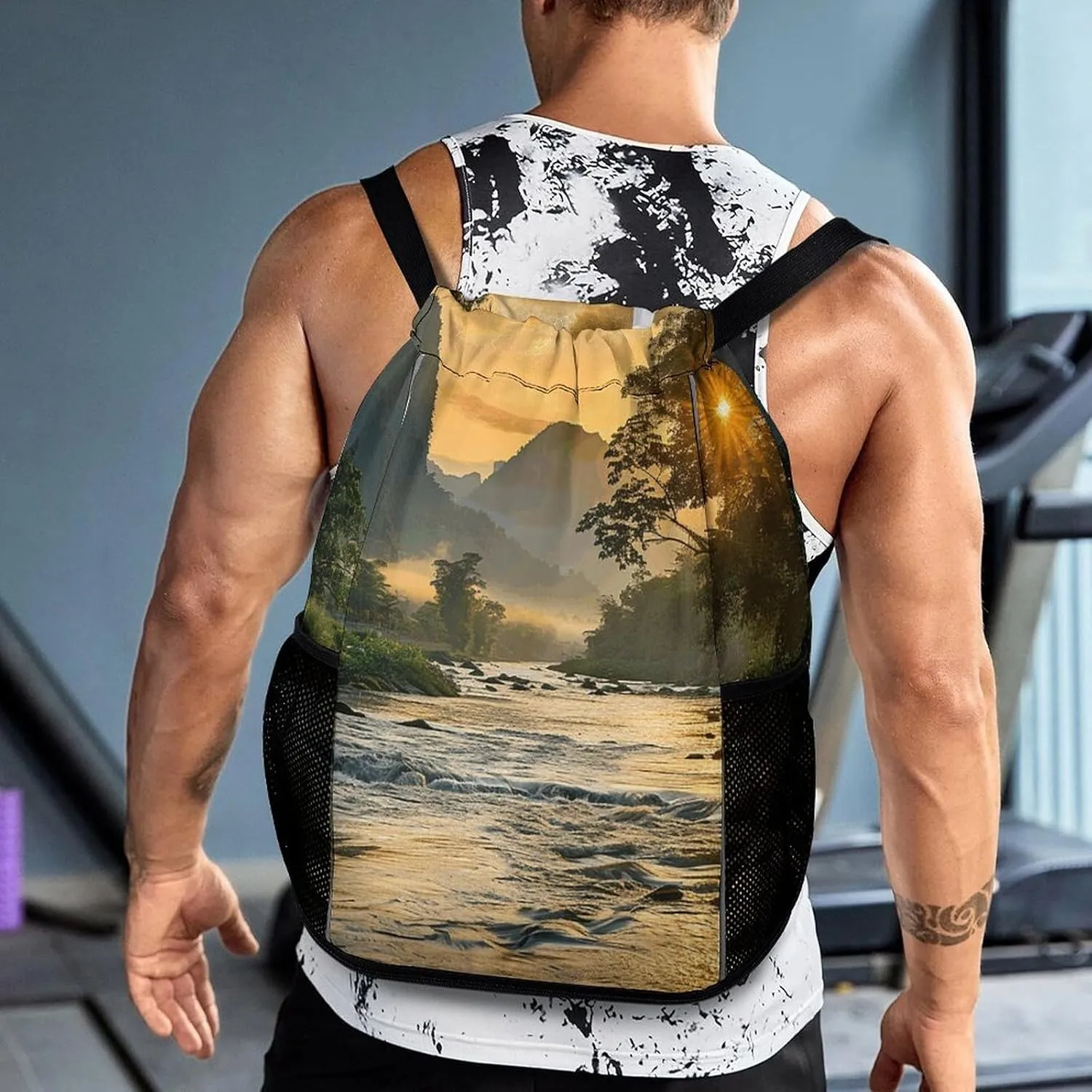 Drawstring Backpack Gym Drawstring Bag for Men The River Flows Slowly Draw String Bags Gym Bag Cinch Bag