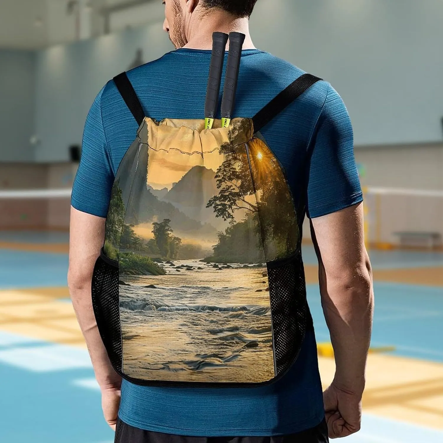 Drawstring Backpack Gym Drawstring Bag for Men The River Flows Slowly Draw String Bags Gym Bag Cinch Bag