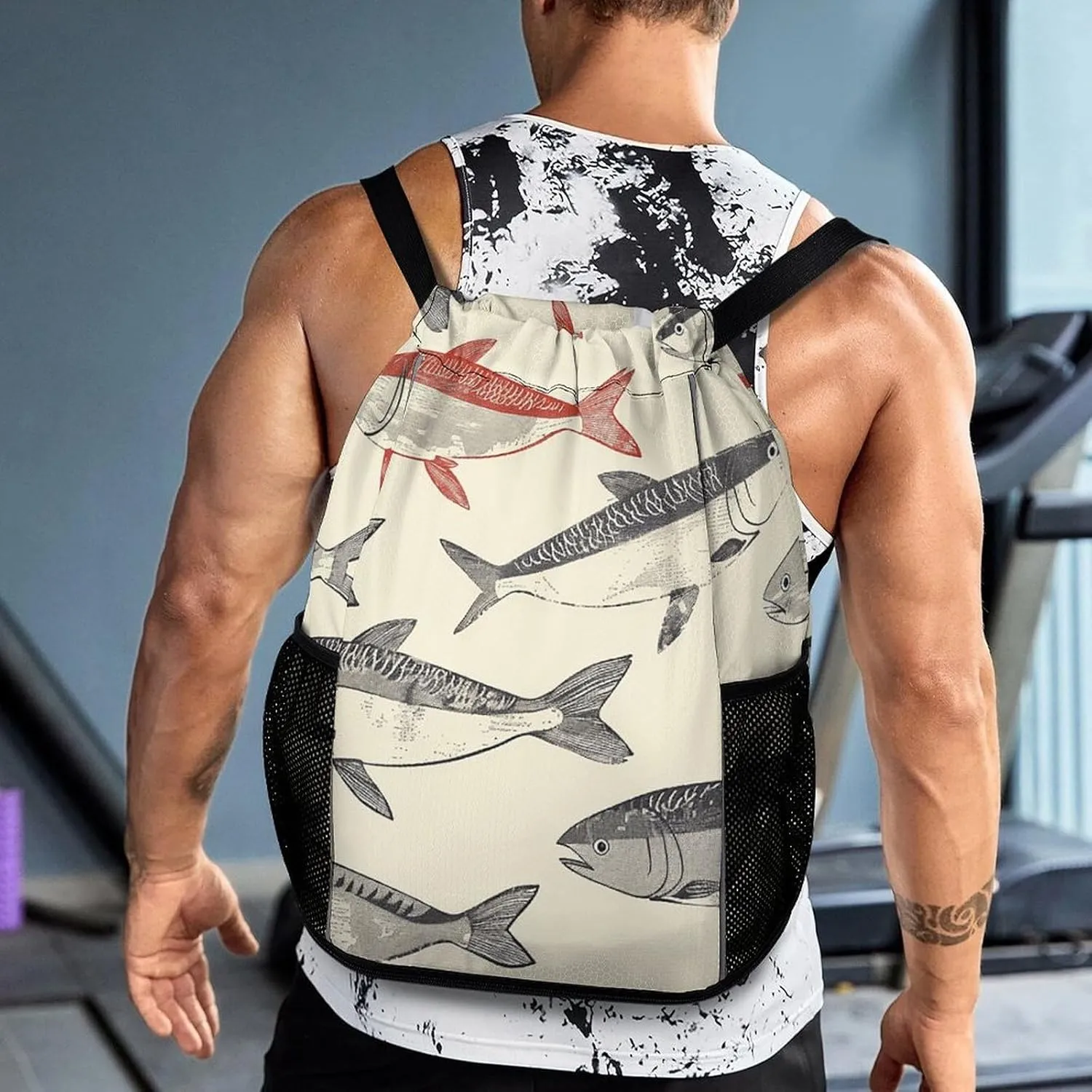 Drawstring Backpack Gym Drawstring Bag for Men With Herring Pattern Draw String Bags Gym Bag Cinch Bag