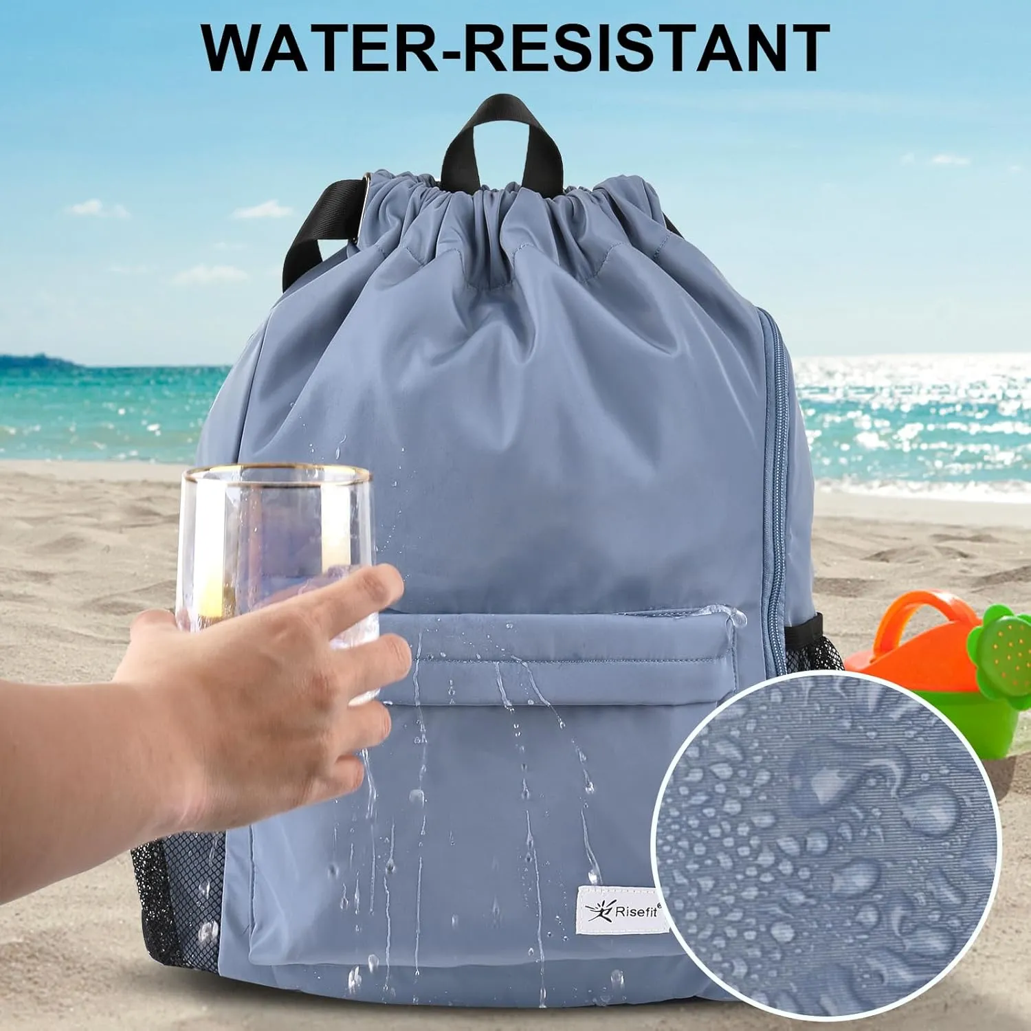 Drawstring Backpack with Mesh Pockets String Gym Bag Sackpack Sandproof Water Resistant Beach Backpack for Men Women