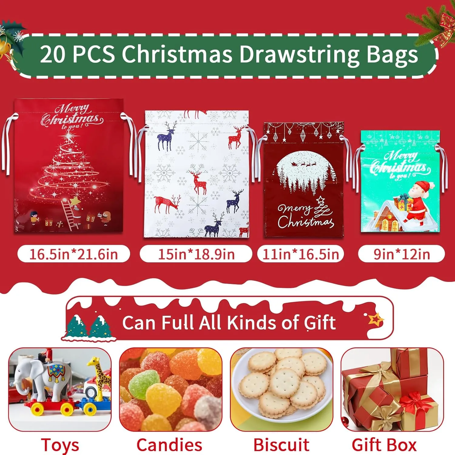 Drawstring Gift Bags - Assorted Sizes for Presents - 20PCs, Xmas Plastic Wrapping Bags - Bulk - Extra Large/Big/Medium/Small Sizes, 4 Designs (5 Each)