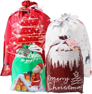 Drawstring Gift Bags - Assorted Sizes for Presents - 20PCs, Xmas Plastic Wrapping Bags - Bulk - Extra Large/Big/Medium/Small Sizes, 4 Designs (5 Each)