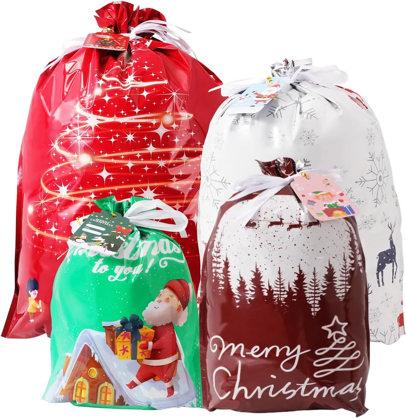 Drawstring Gift Bags - Assorted Sizes for Presents - 20PCs, Xmas Plastic Wrapping Bags - Bulk - Extra Large/Big/Medium/Small Sizes, 4 Designs (5 Each)