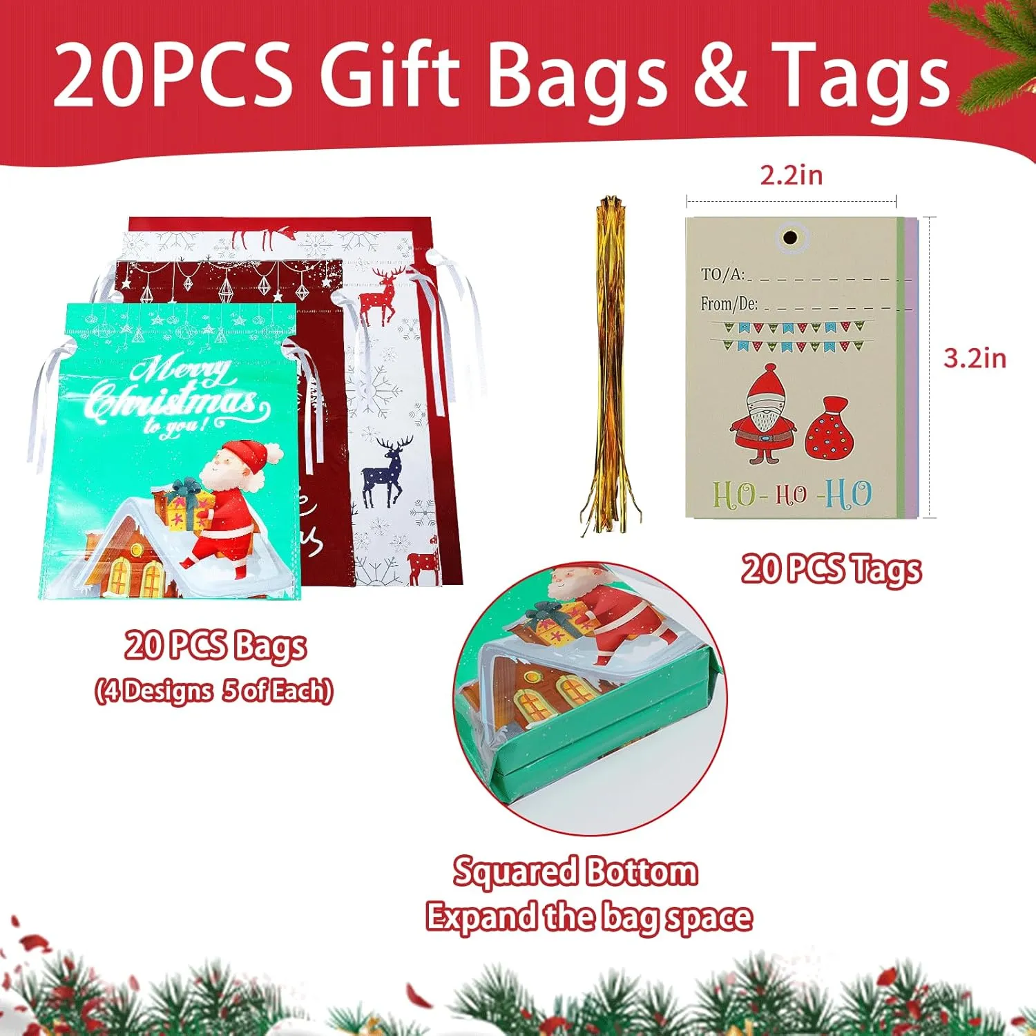 Drawstring Gift Bags - Assorted Sizes for Presents - 20PCs, Xmas Plastic Wrapping Bags - Bulk - Extra Large/Big/Medium/Small Sizes, 4 Designs (5 Each)