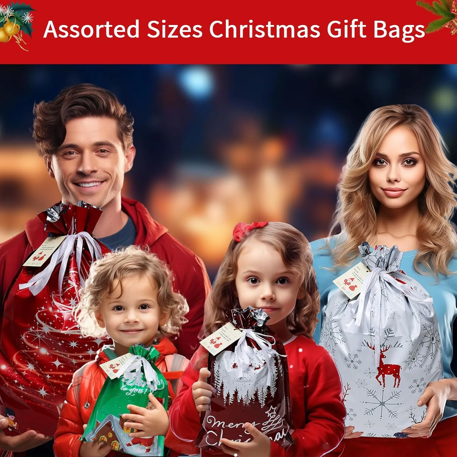 Drawstring Gift Bags - Assorted Sizes for Presents - 20PCs, Xmas Plastic Wrapping Bags - Bulk - Extra Large/Big/Medium/Small Sizes, 4 Designs (5 Each)