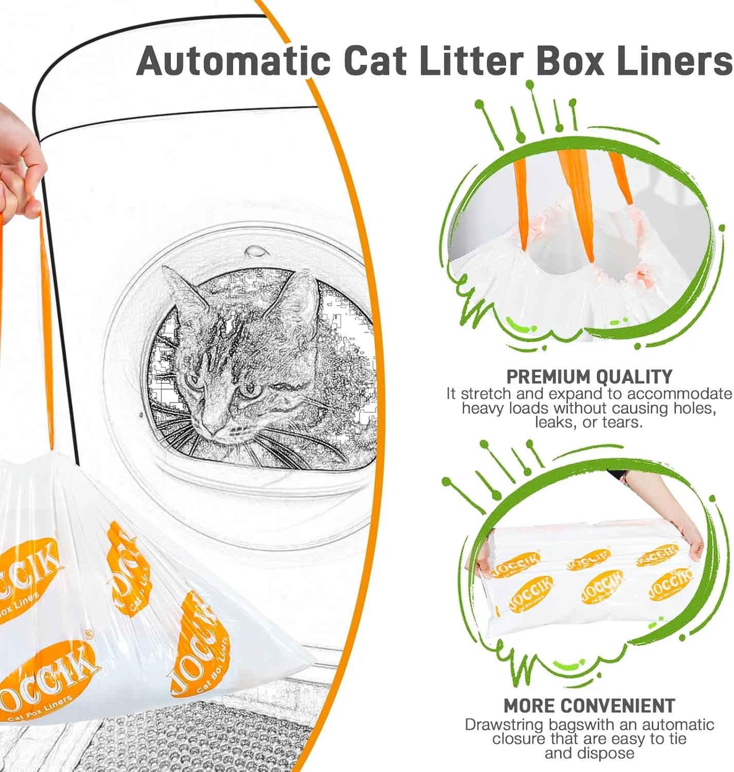 Drawstring Litter Liner Bags Compatible with Automatic Cat Litter Boxes 100 Count Tear Resistant Waste Drawer Liners