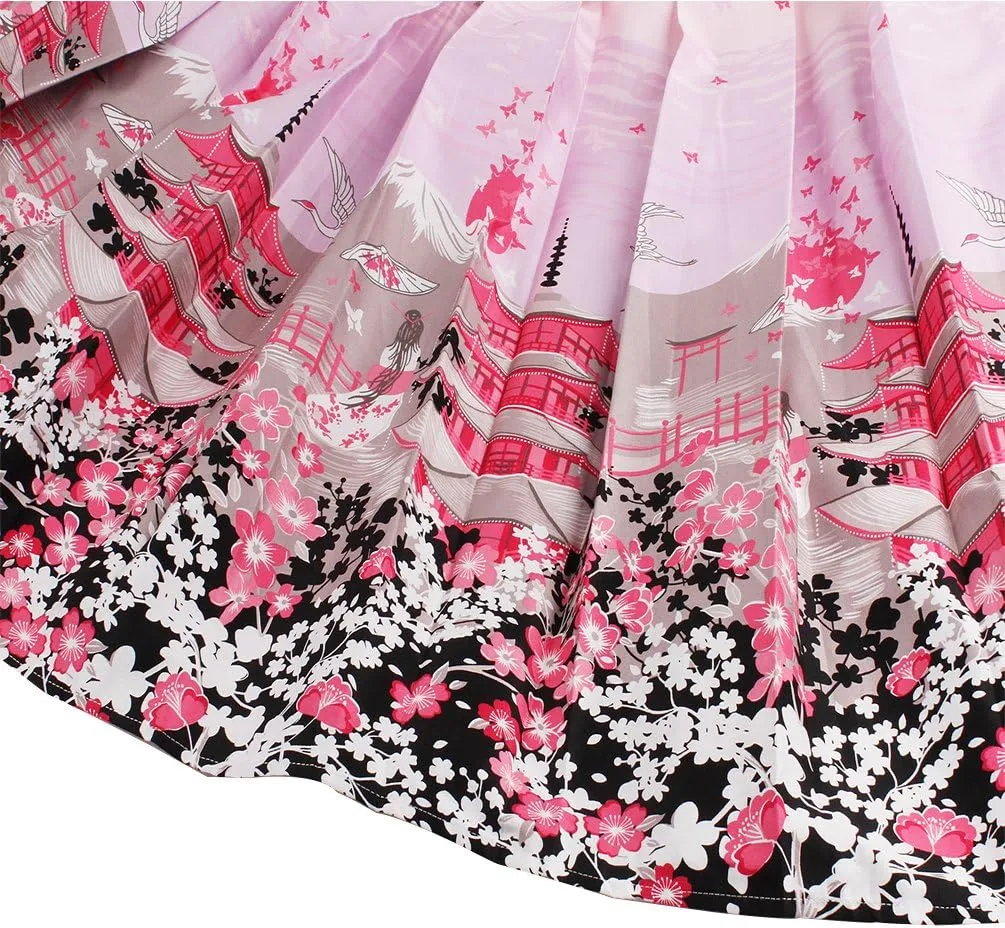 Dressever Women's Vintage A-line Printed Pleated Flared Midi Skirts