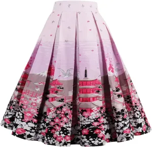 Dressever Women's Vintage A-line Printed Pleated Flared Midi Skirts