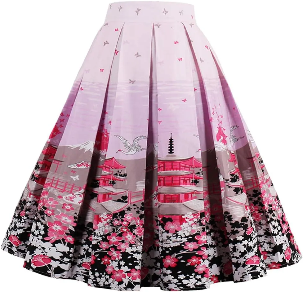 Dressever Women's Vintage A-line Printed Pleated Flared Midi Skirts