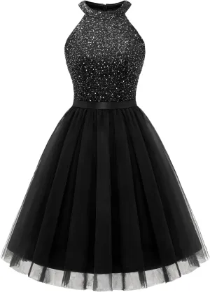 Dressystar Women's Short Halter Cocktail Party Dress Lace Tulle Prom Gown