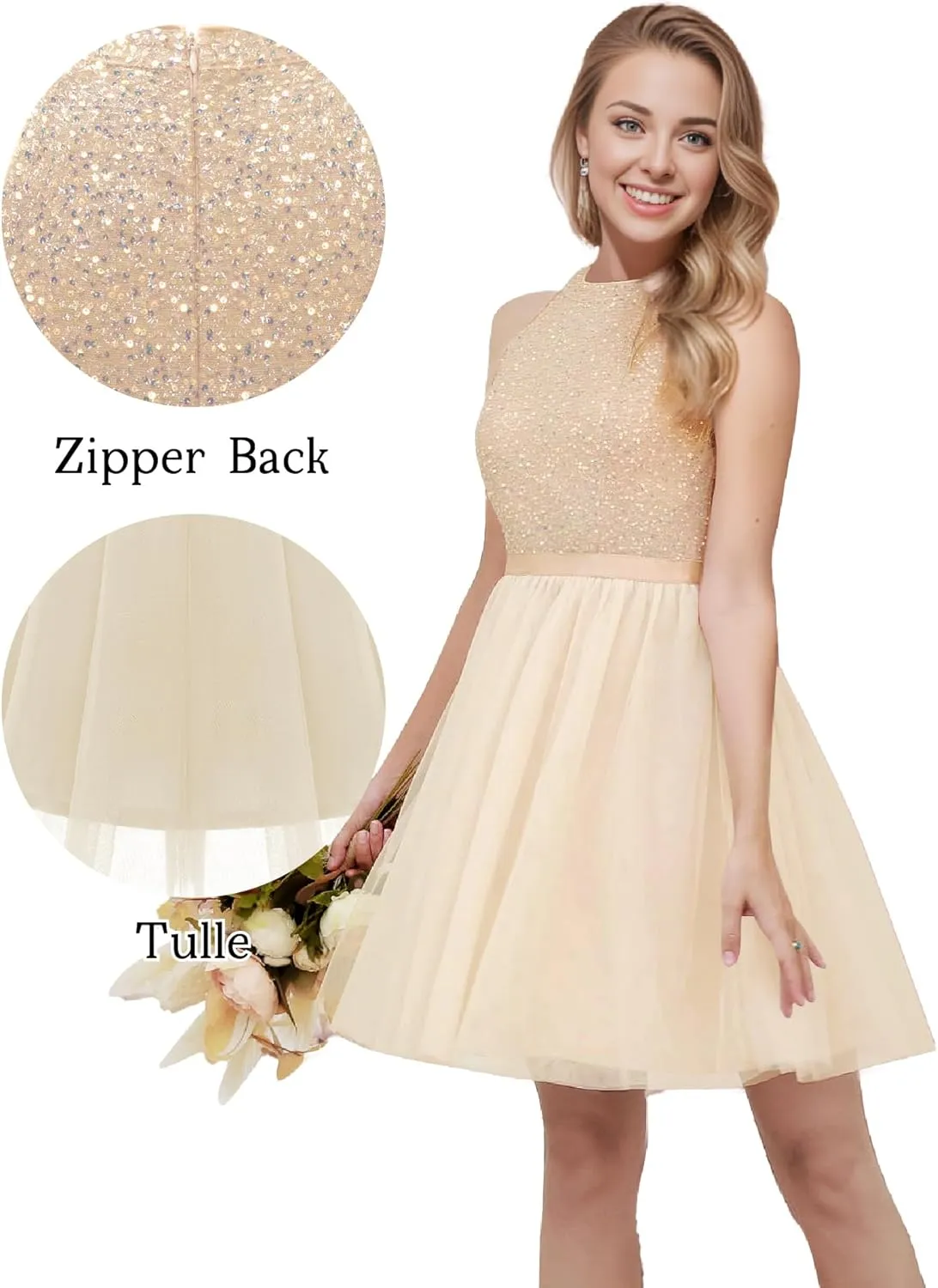 Dressystar Women's Short Halter Cocktail Party Dress Lace Tulle Prom Gown