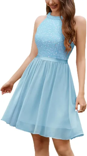 Dressystar Women's Short Halter Cocktail Party Dress Lace Tulle Prom Gown