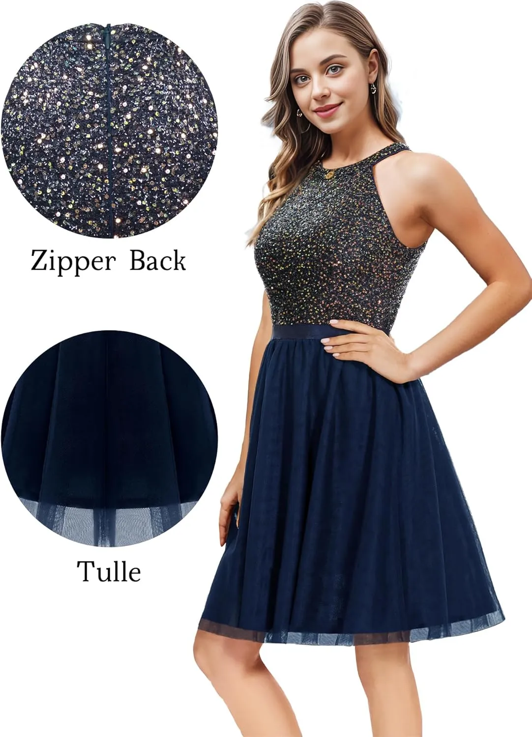Dressystar Women's Short Halter Cocktail Party Dress Lace Tulle Prom Gown