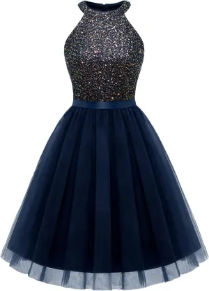 Dressystar Women's Short Halter Cocktail Party Dress Lace Tulle Prom Gown